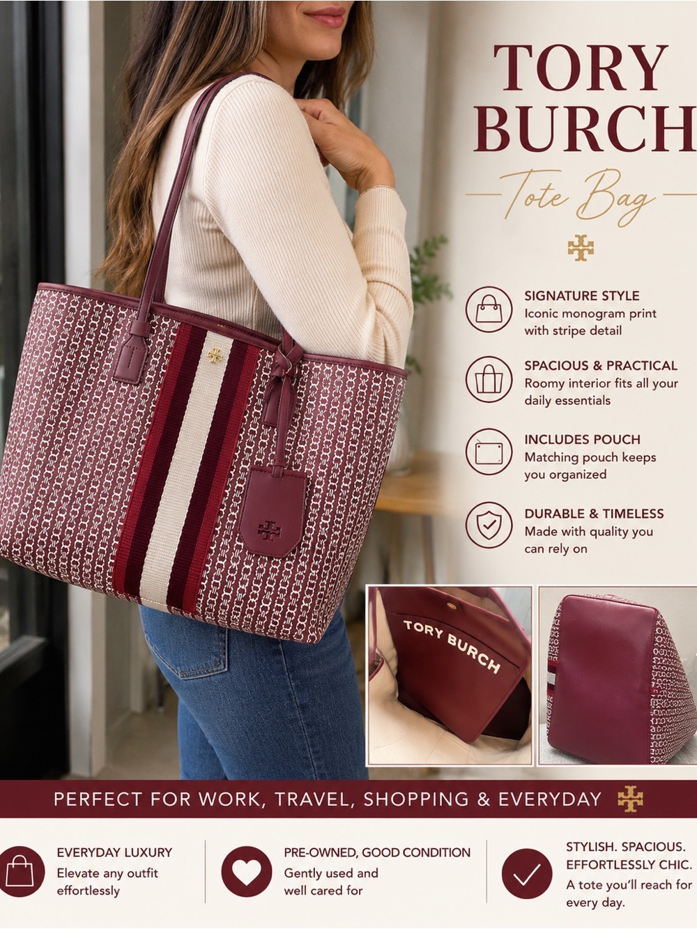 Tory Burch Maroon and Cream Stripe Monogram Tote